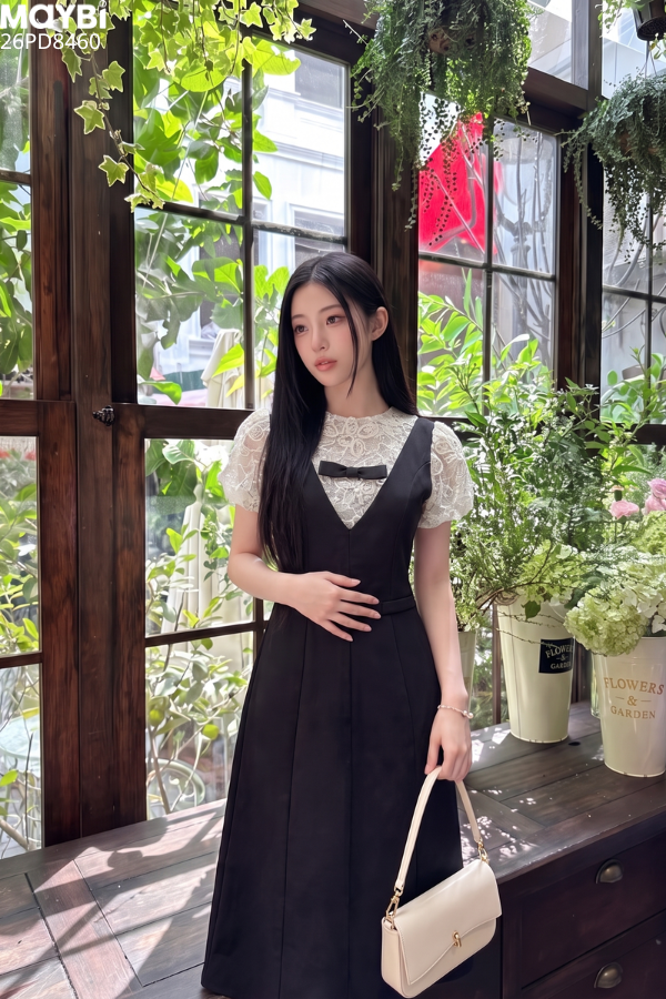 Đầm đen phối ren tay bồng Amélie