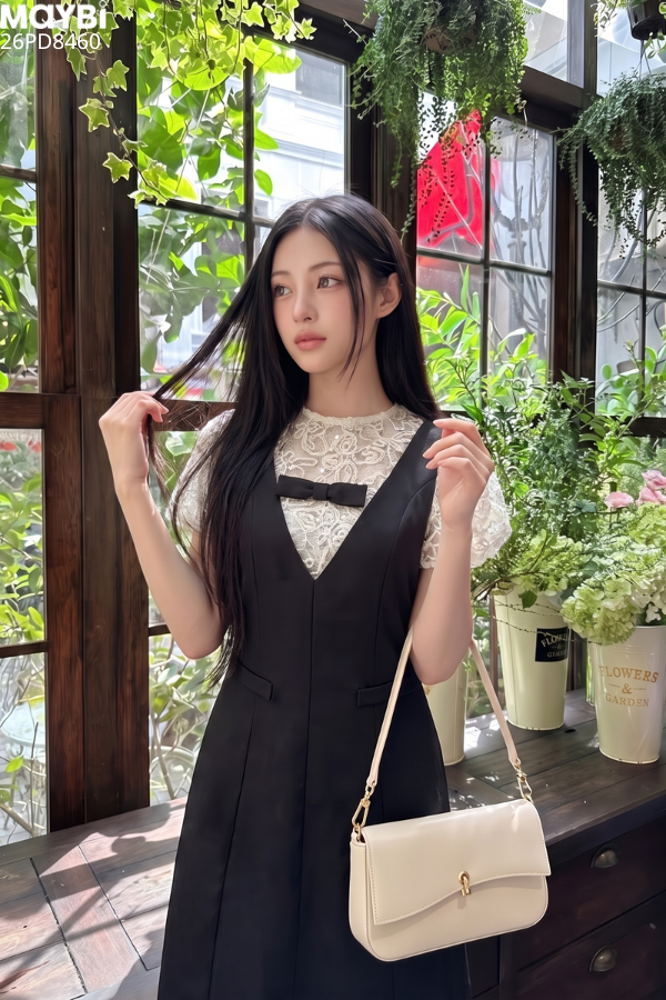 Đầm đen phối ren tay bồng Amélie