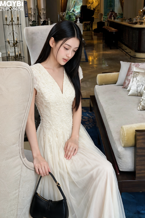 Đầm Ren Trắng Dáng Dài Cổ V Aveline