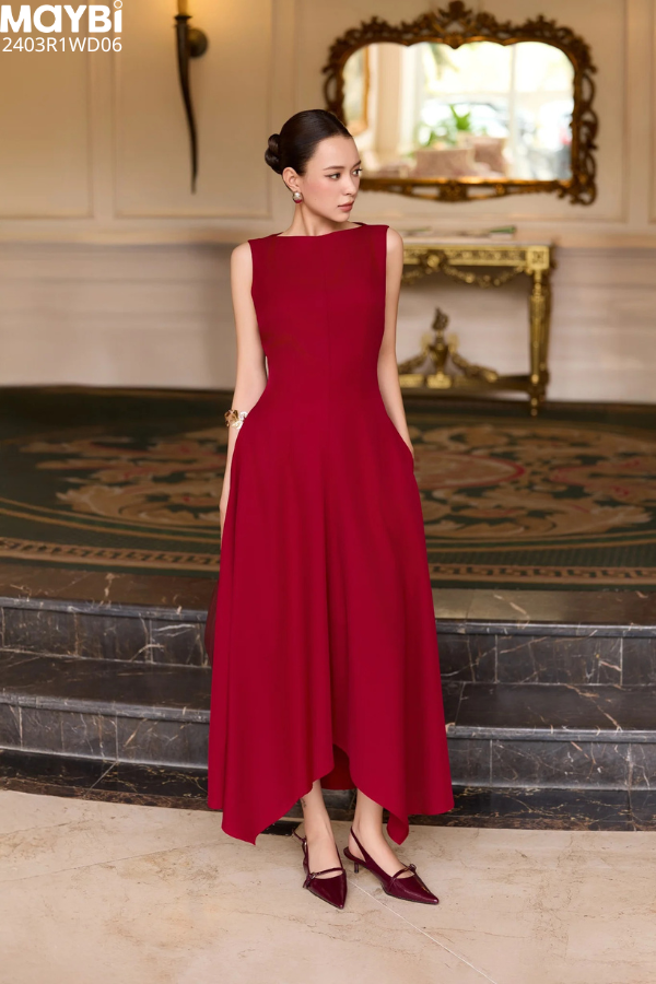 Đầm midi dáng xòe cotton lạnh xếp ly vai