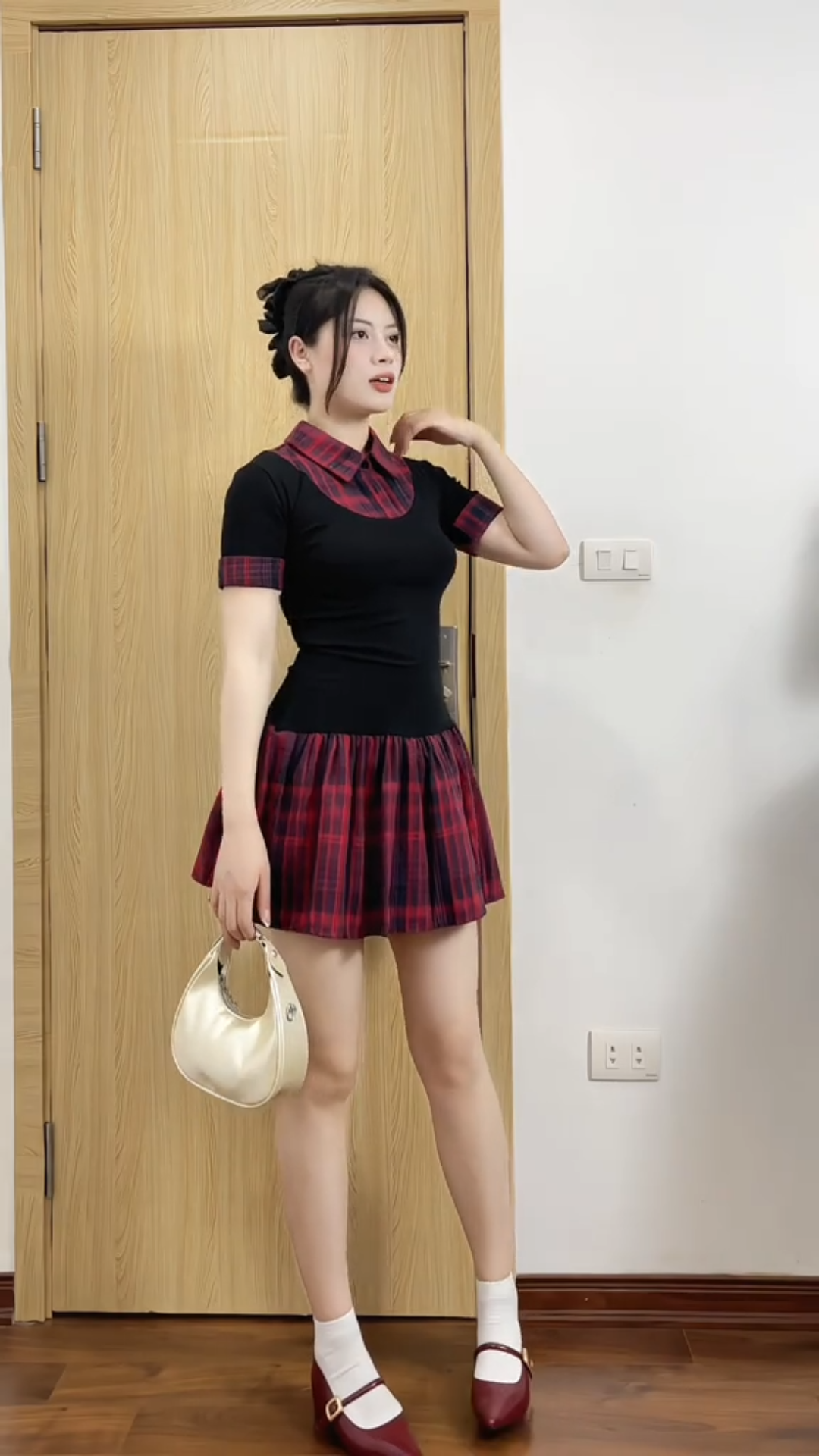 [CÓ SẴN] Đầm caro cổ sơ mi ngắn tay dáng mini