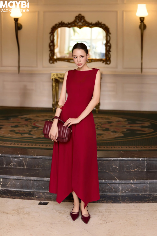 Đầm midi dáng xòe cotton lạnh xếp ly vai