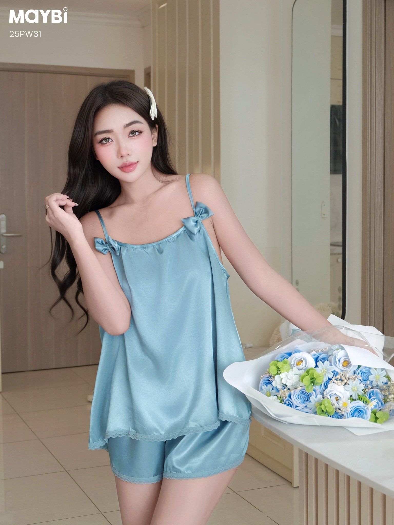 Bộ pyjama hai dây phối nơ ngắn chất lụa satin