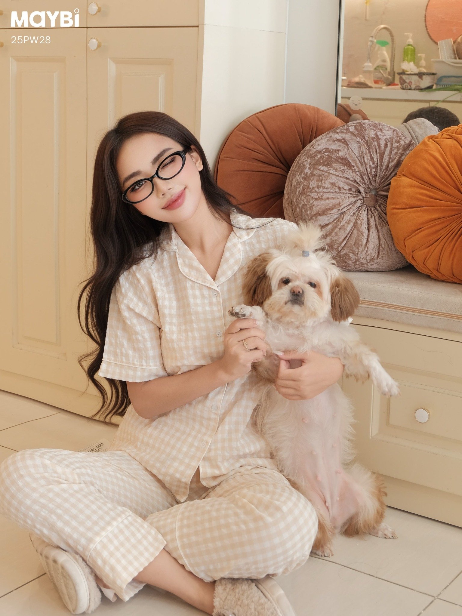 Bộ pyjama dài caro chất thô nhăn mềm ngắn tay