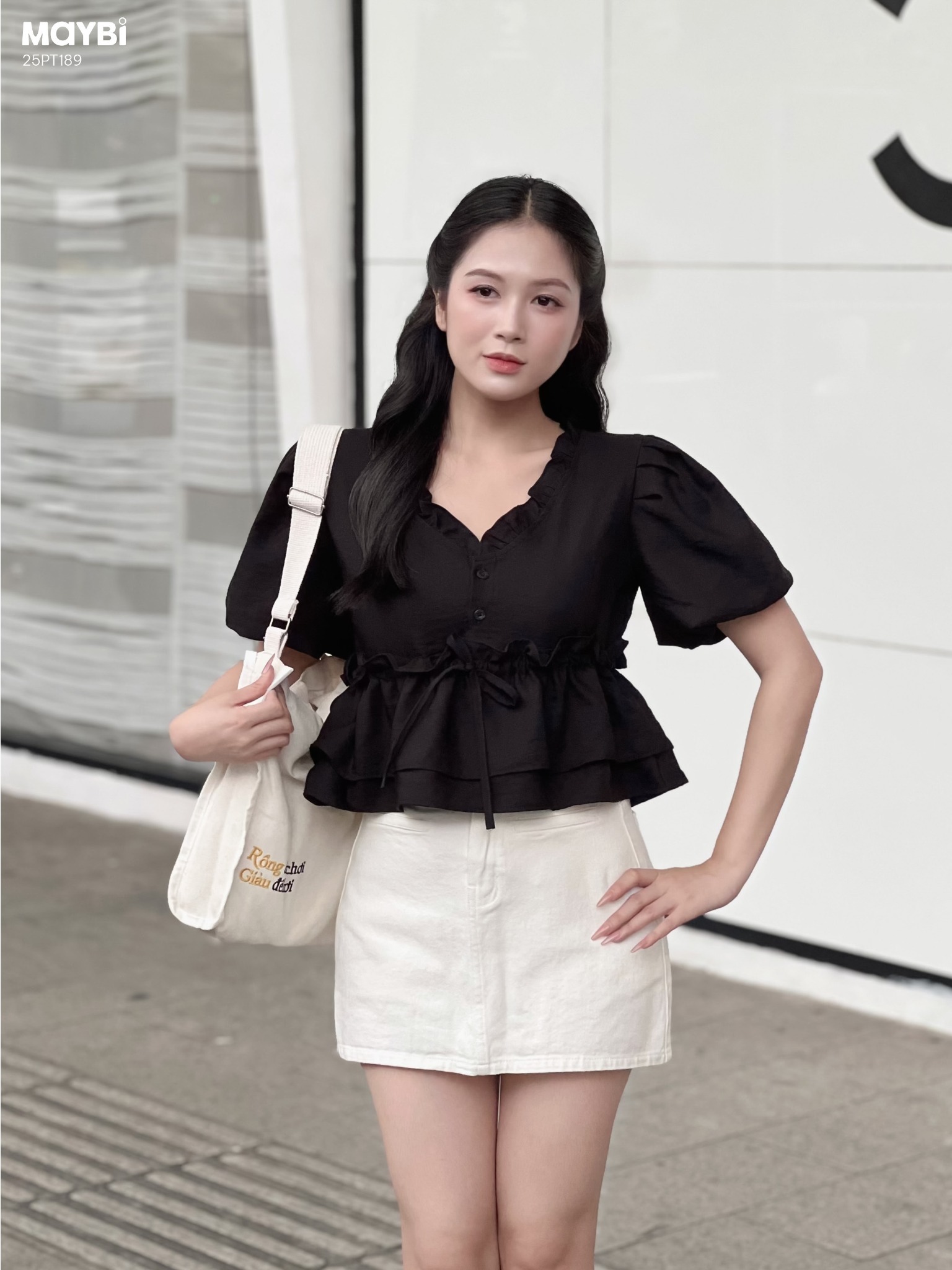 Áo kiểu tay bí phồng rút nhún eo