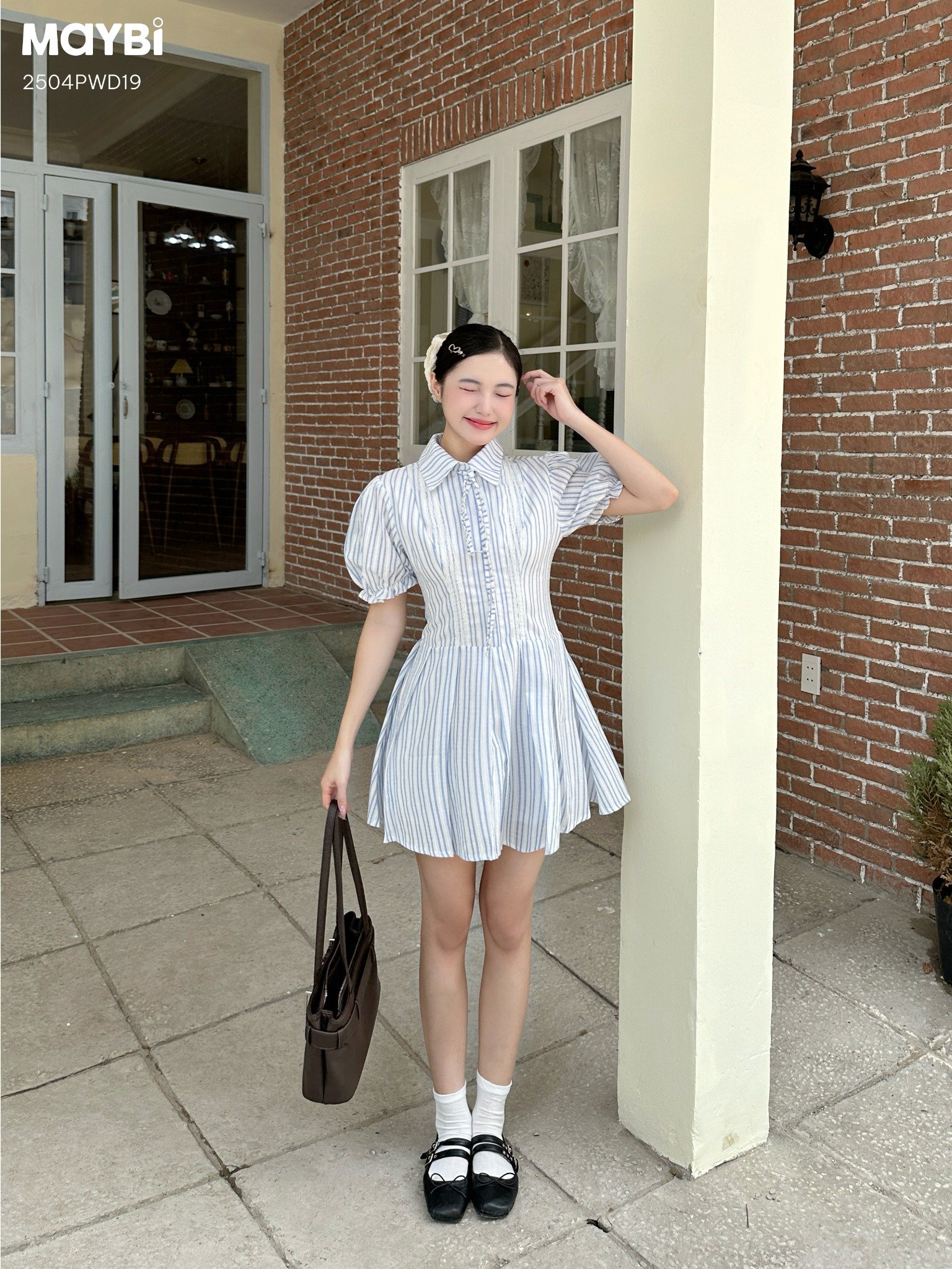 Đầm sơ mi ôm tùng xòe tay nhún phồng dáng mini