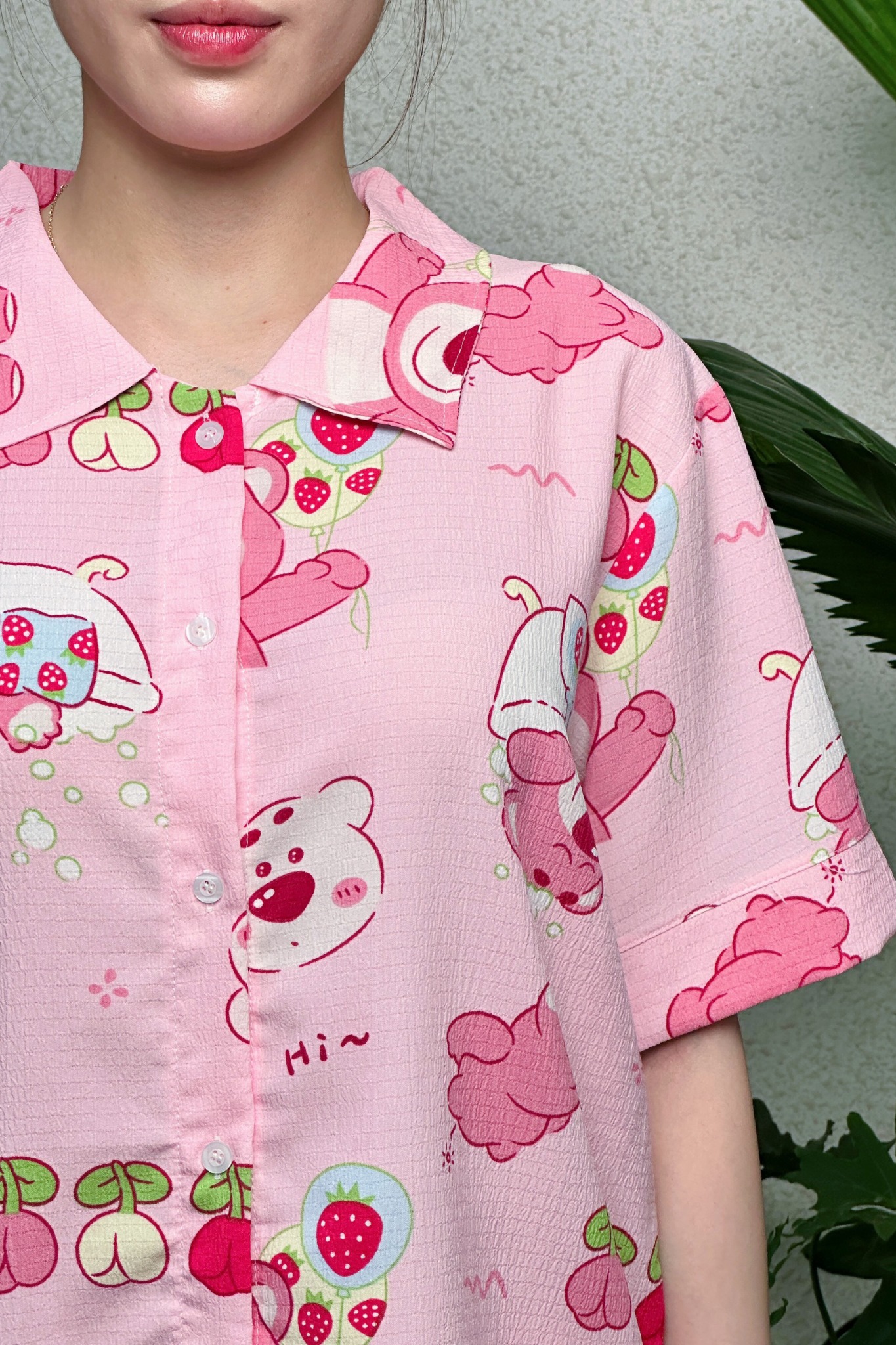 Bộ pyjama ngắn suông ngắn tay cotton họa tiết gấu dâu losta