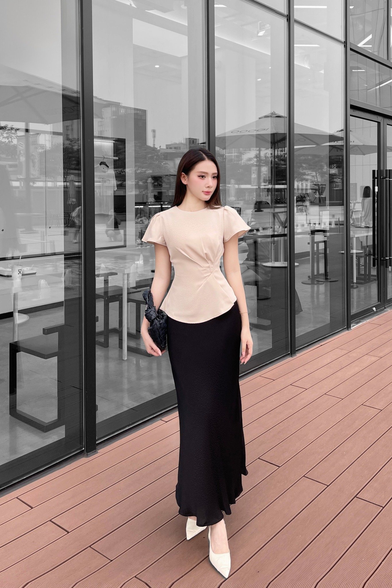 Áo peplum xếp ly eo tay bồng