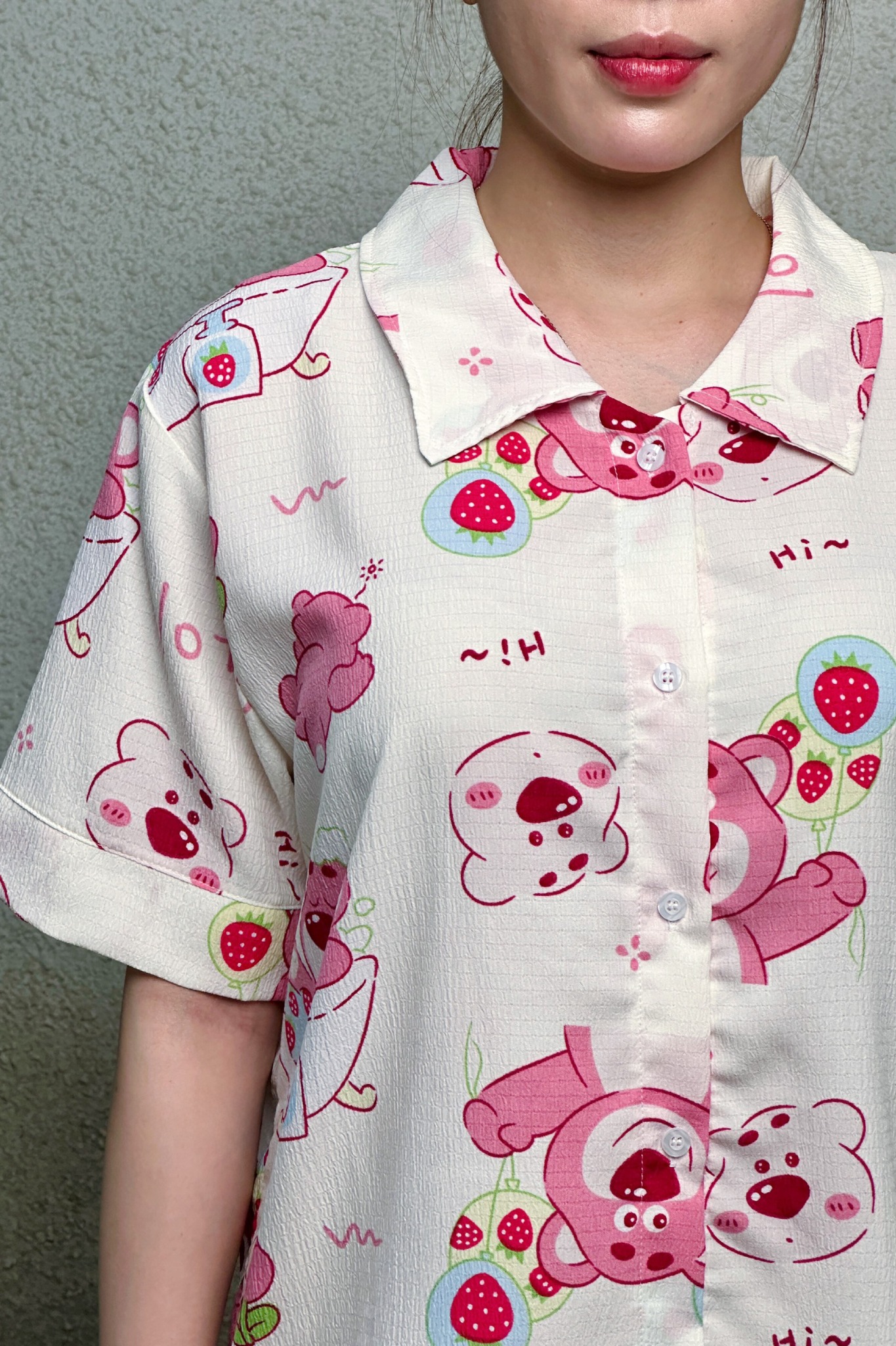 Bộ pyjama ngắn suông ngắn tay cotton họa tiết gấu dâu losta