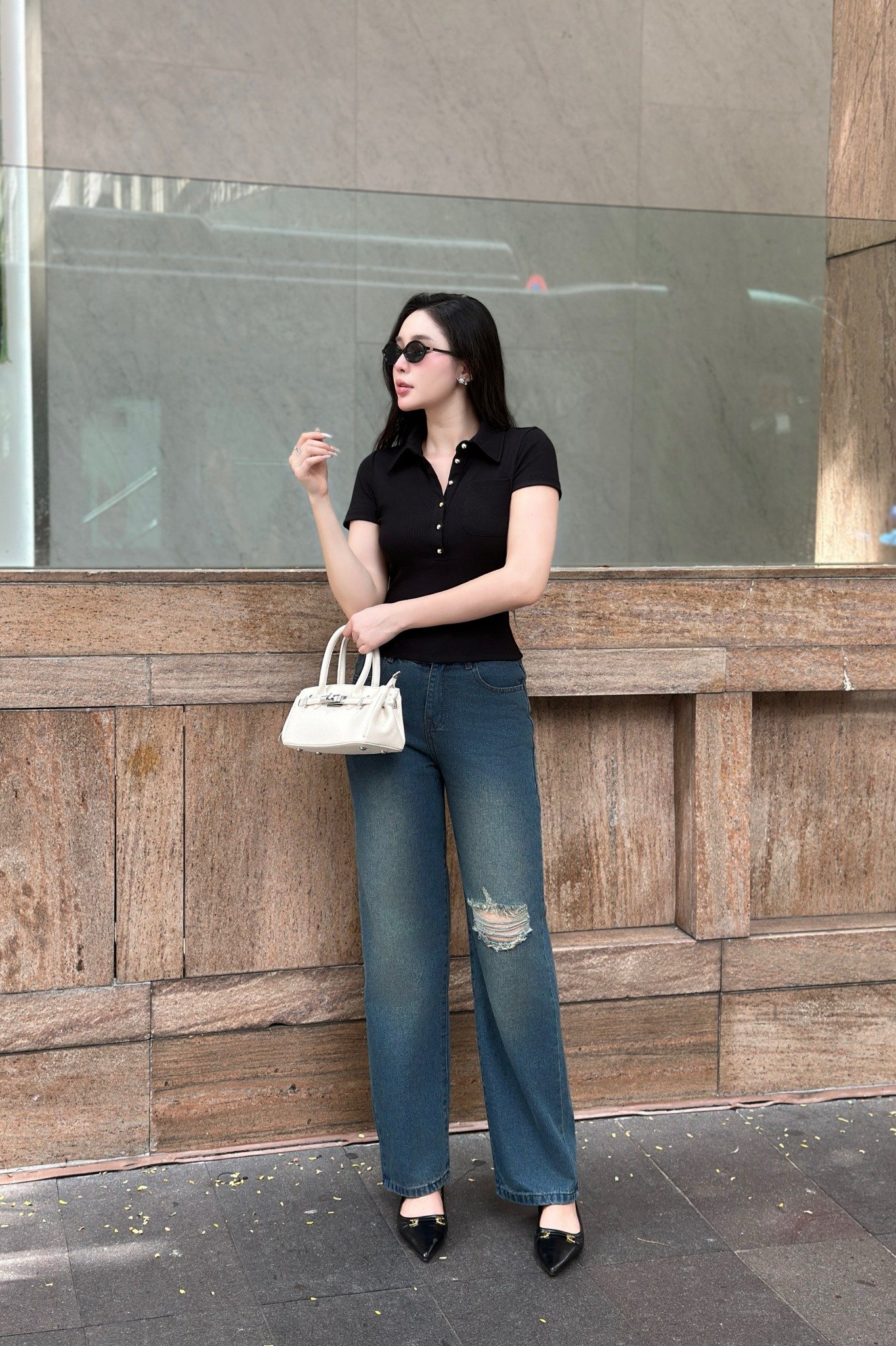 Áo polo thun ôm đen ngắn tay phối nút