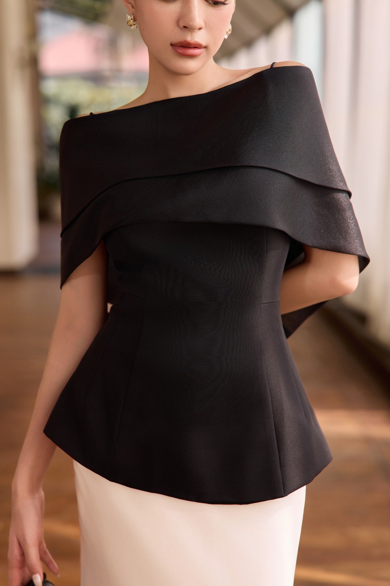 Áo peplum cotton thái trễ vai phối voan