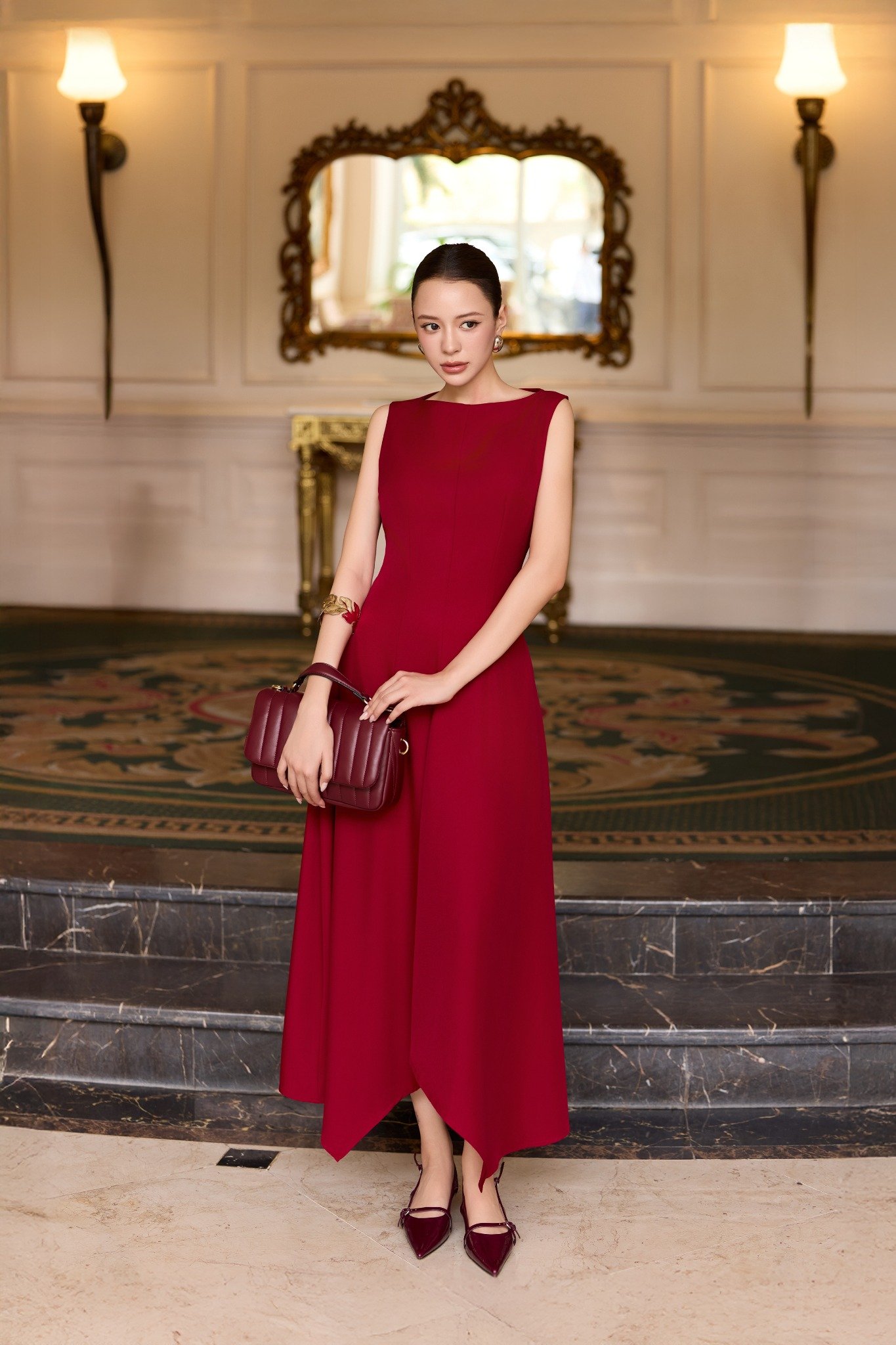 Đầm midi dáng xòe cotton lạnh xếp ly vai