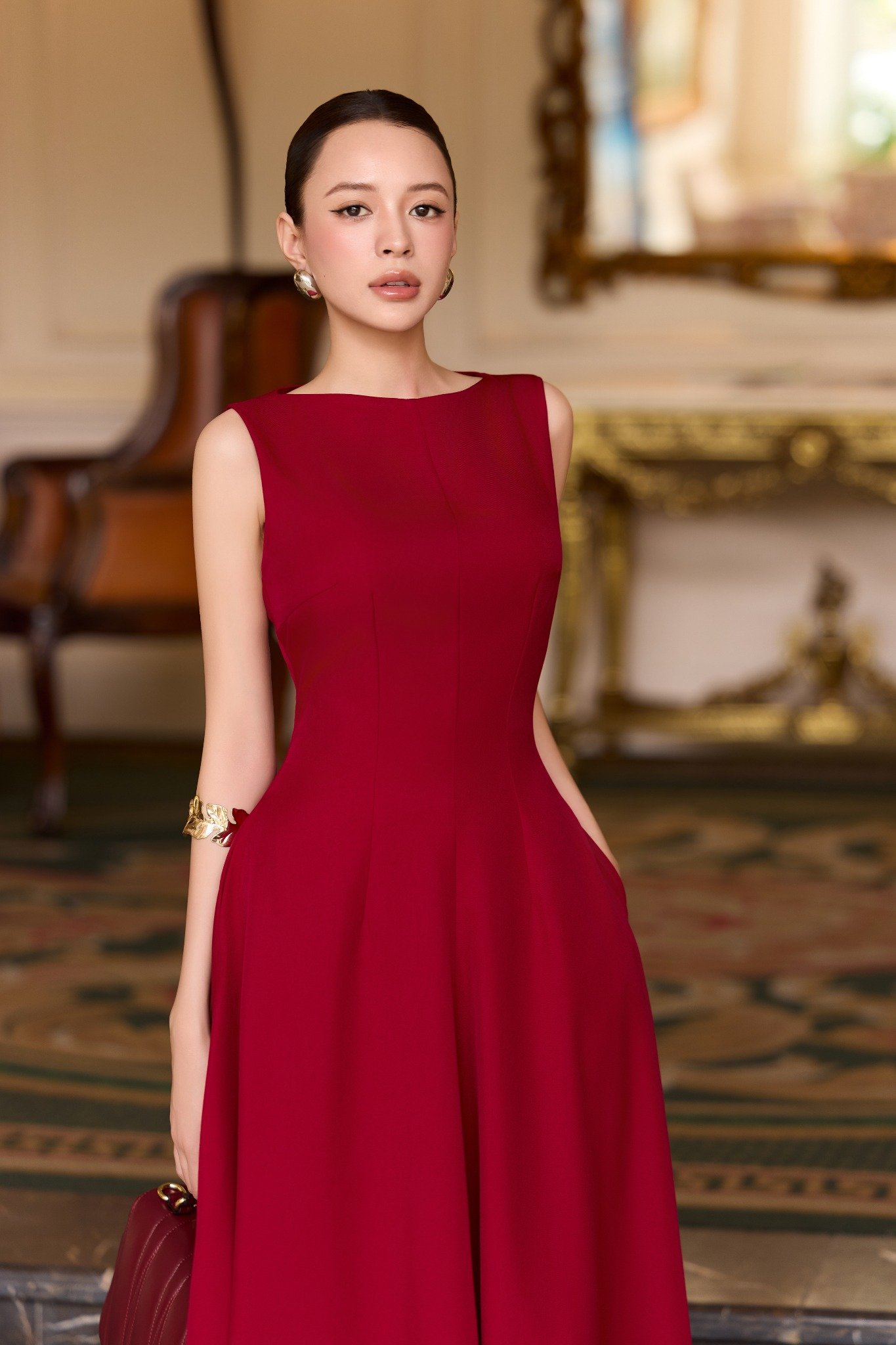 Đầm midi dáng xòe cotton lạnh xếp ly vai