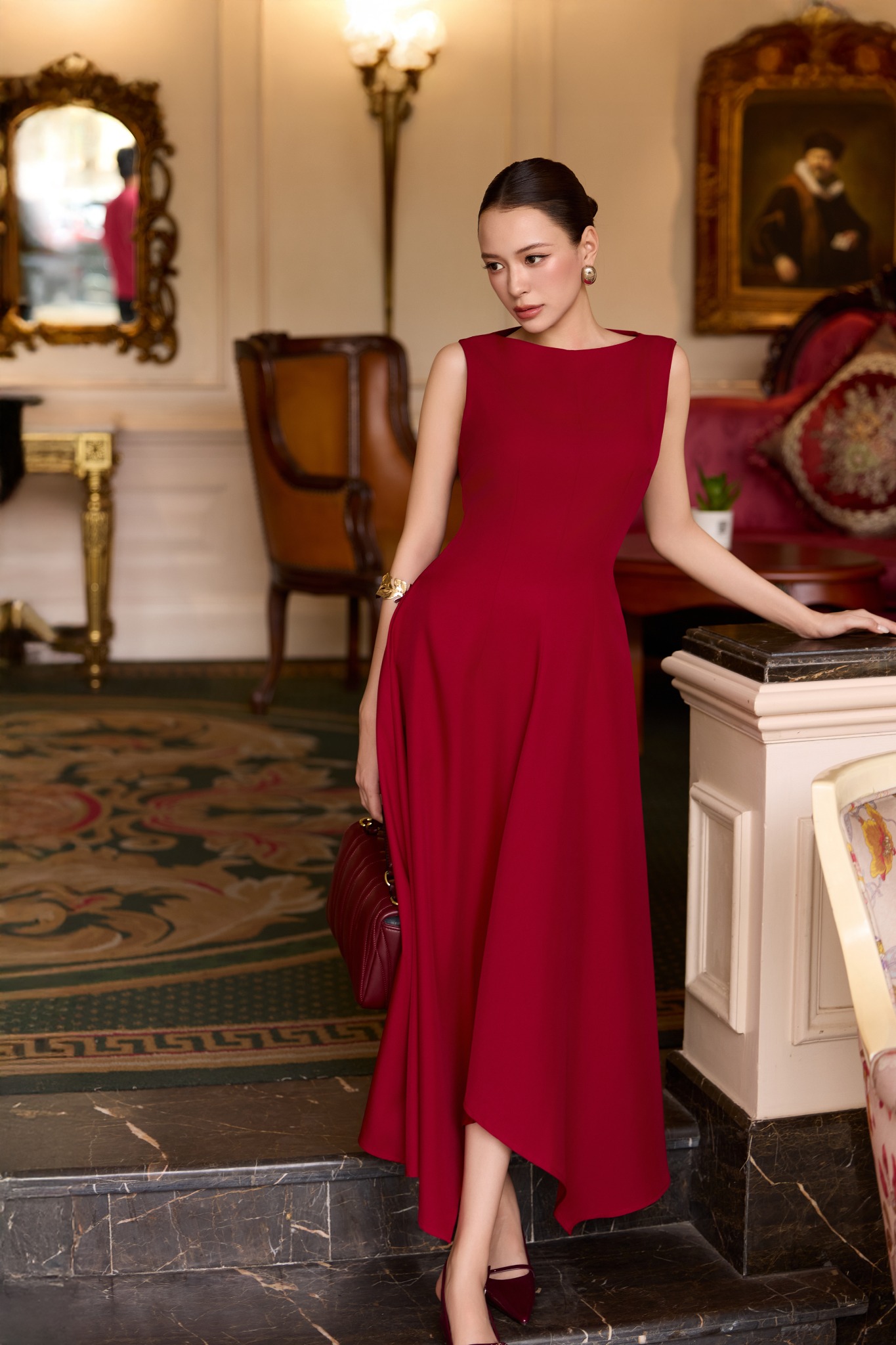 Đầm midi dáng xòe cotton lạnh xếp ly vai