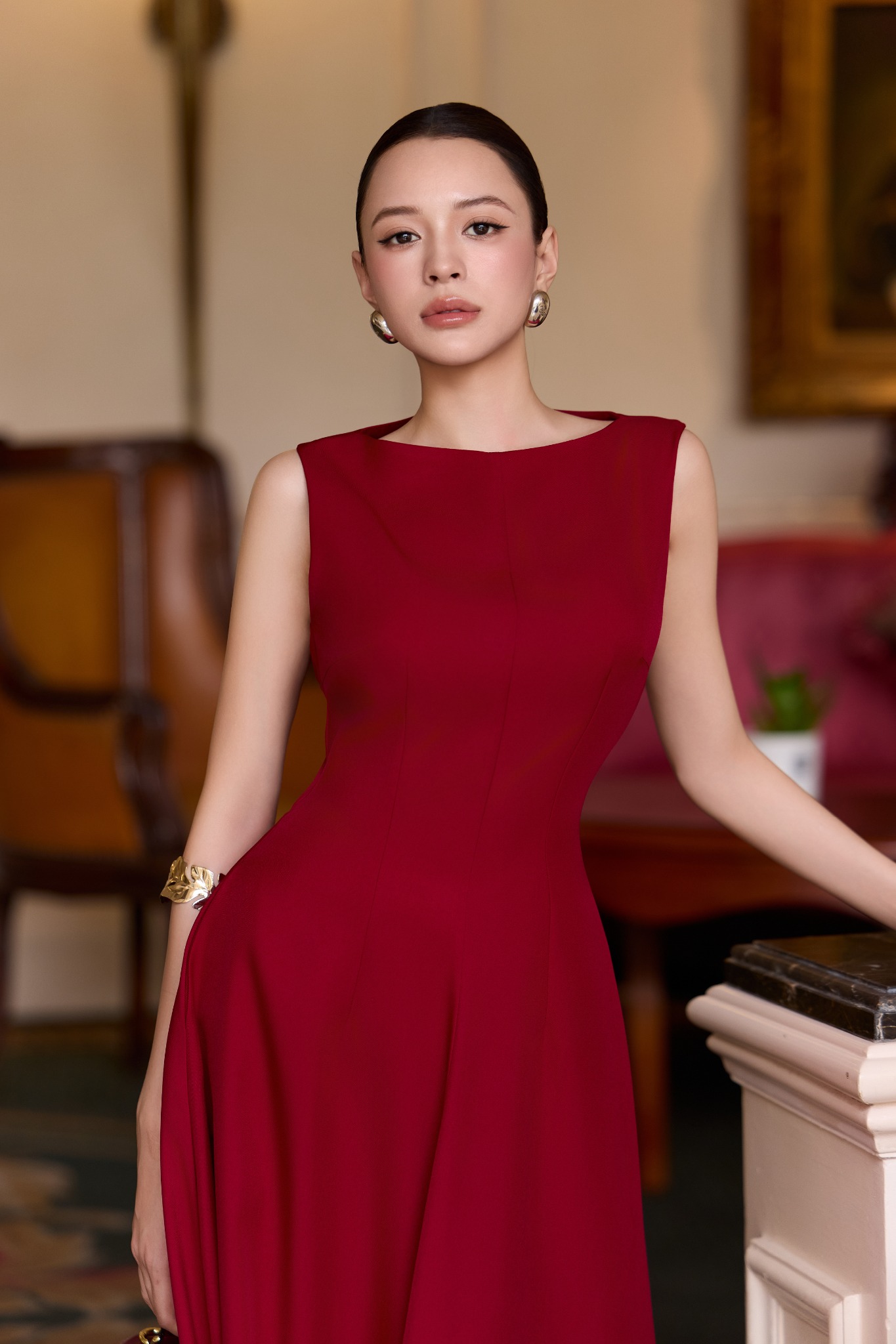 Đầm midi dáng xòe cotton lạnh xếp ly vai