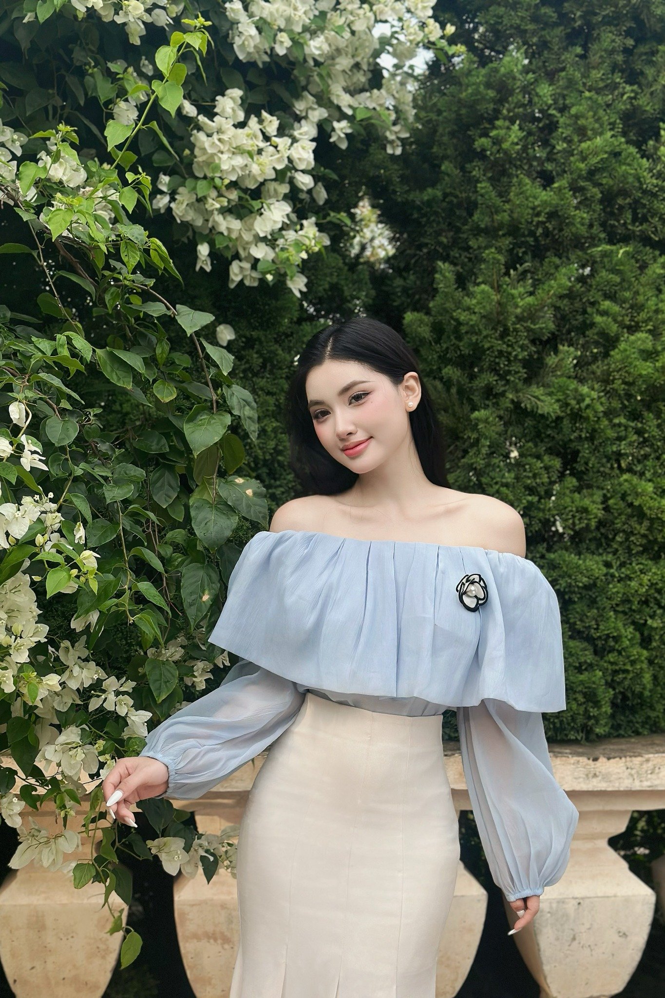 Áo kiểu bẹt vai voan xanh tay dài