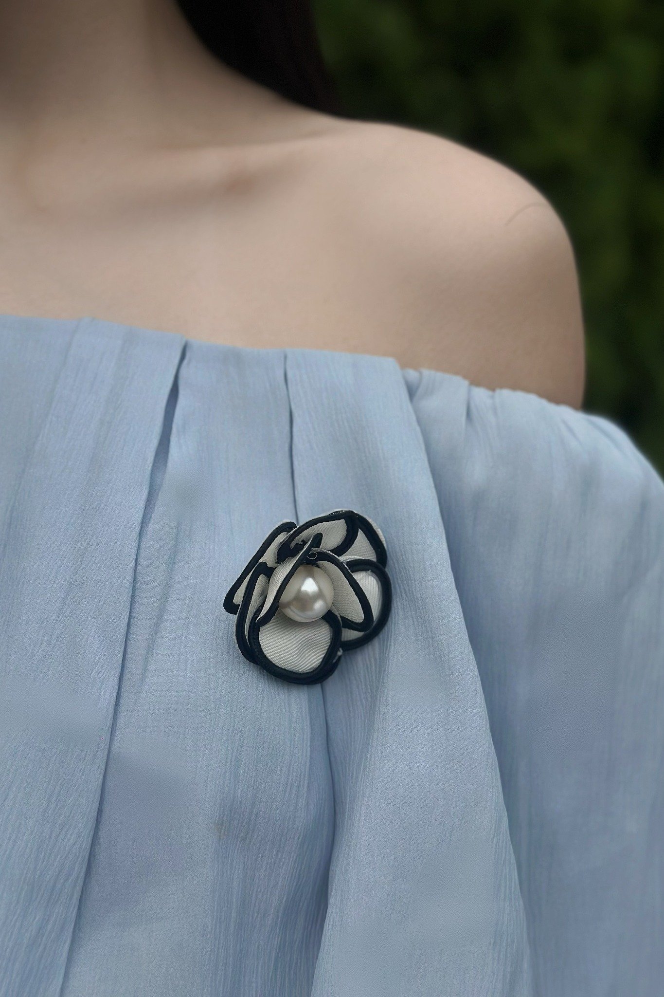 Áo kiểu bẹt vai voan xanh tay dài