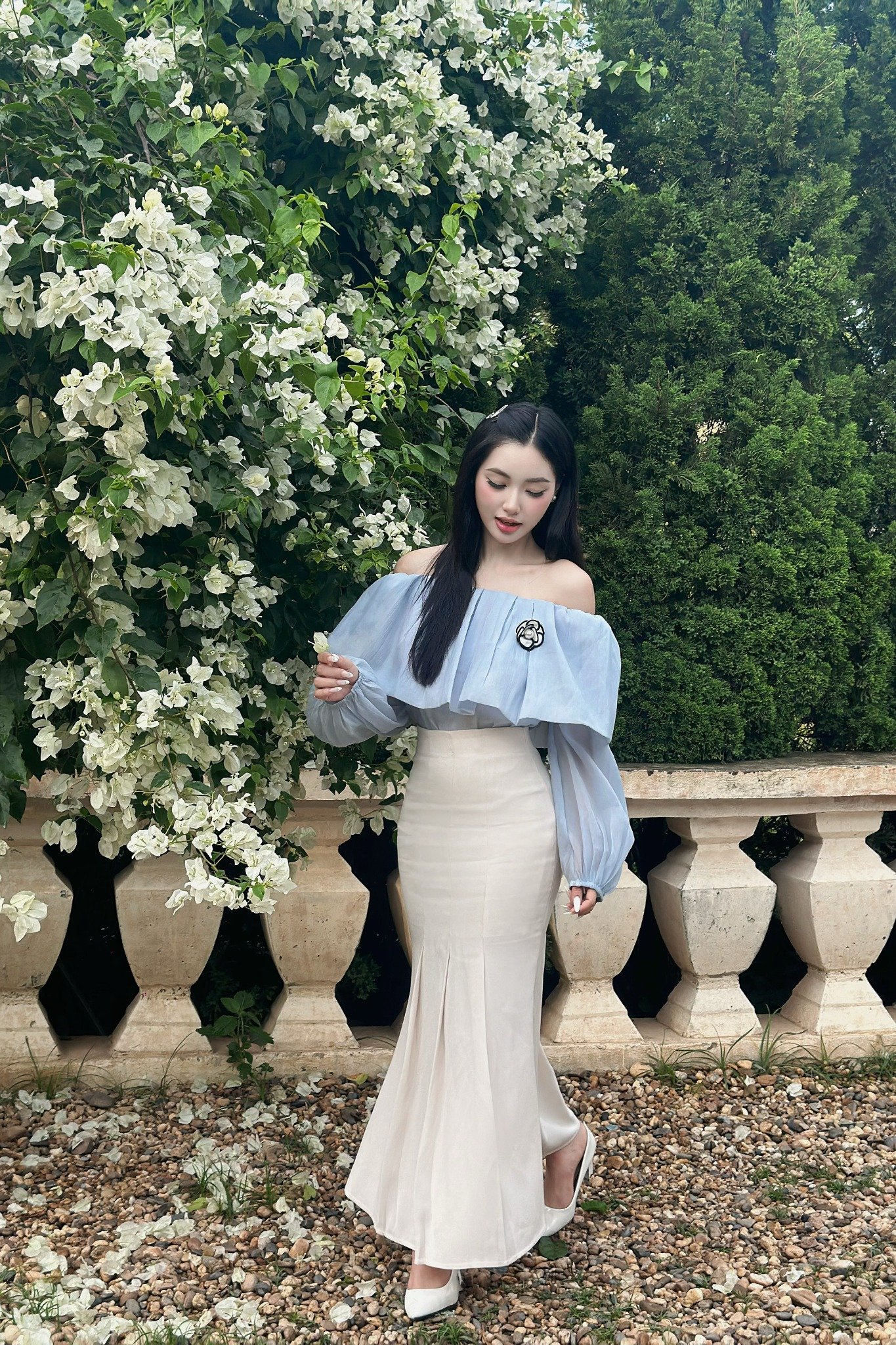 Chân váy đuôi cá cotton hàn kem dáng midi