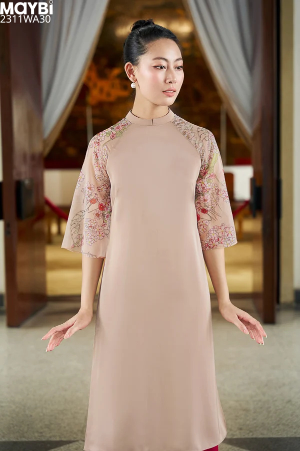 Áo dài suông lụa sóng phối tay voan họa tiết