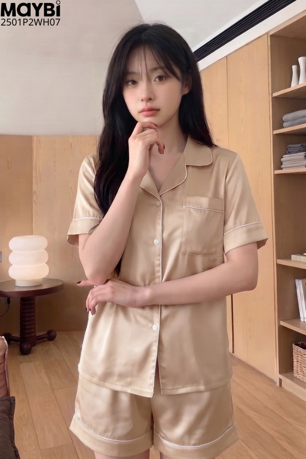 Bộ pyjama ngắn suông lụa tay ngắn viền