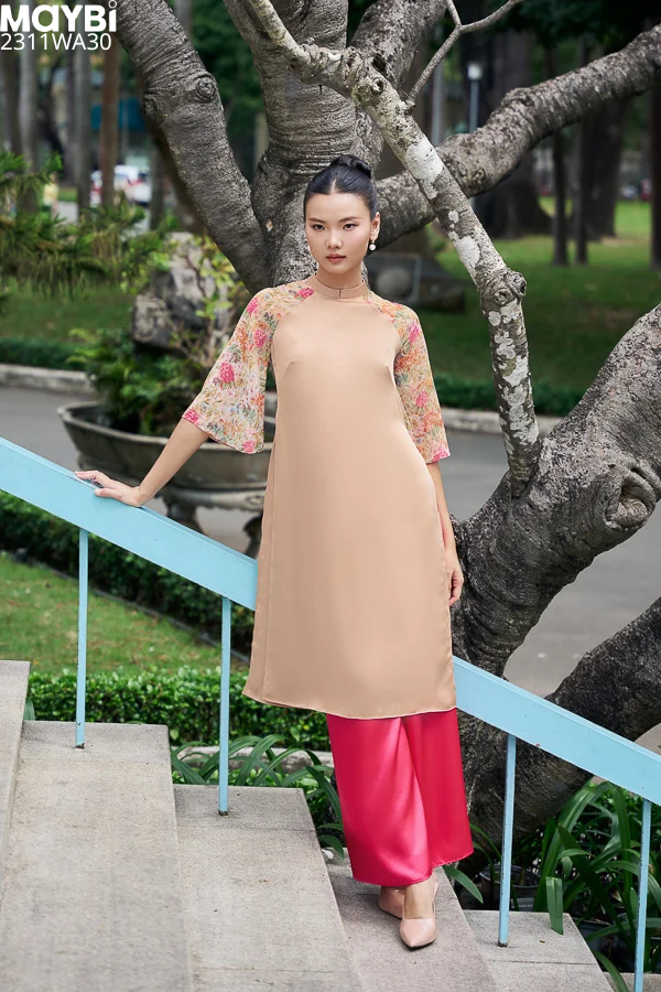 Áo dài suông lụa sóng phối tay voan họa tiết