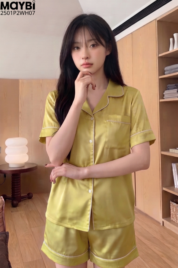 Bộ pyjama ngắn suông lụa tay ngắn viền