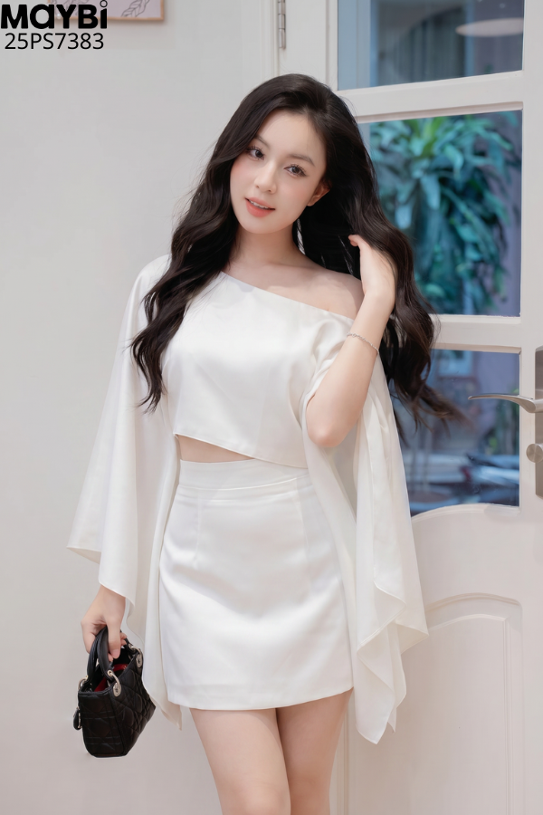 Set áo kiểu lệch vai chân váy A dáng mini