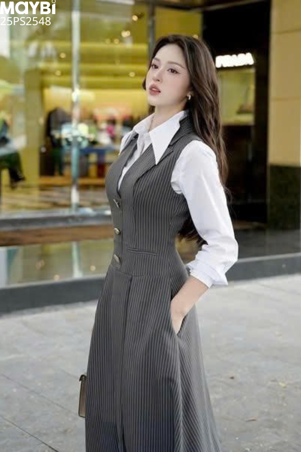 Set áo sơ mi phối đầm xòe dáng midi