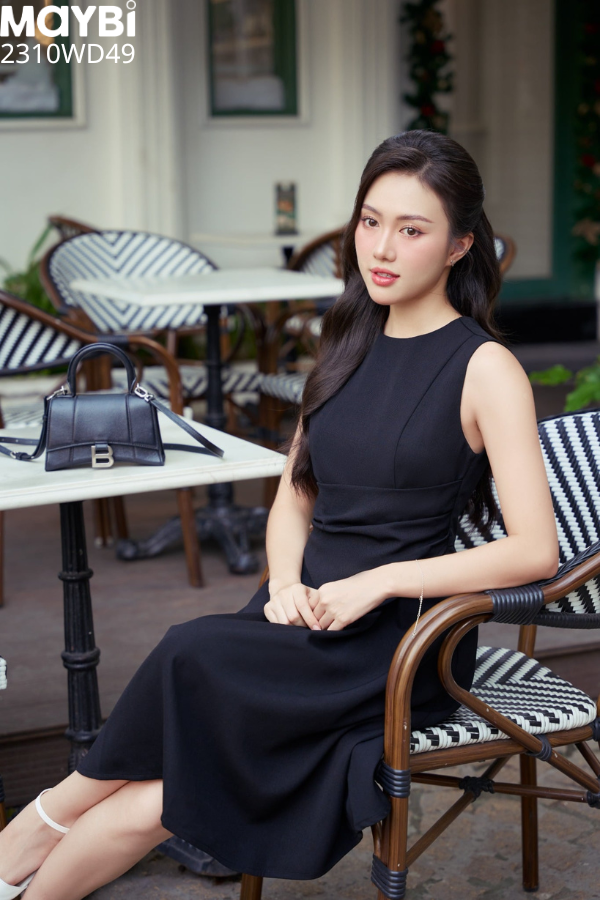 Đầm midi xòe tuyết mưa xếp ly kiểu eo