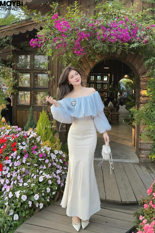 Chân váy đuôi cá cotton hàn kem dáng midi