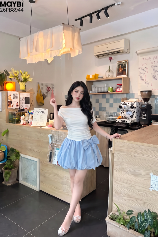 Chân Váy Bí Phồng Nữ Thắt Nơ Hông Lưng Thun