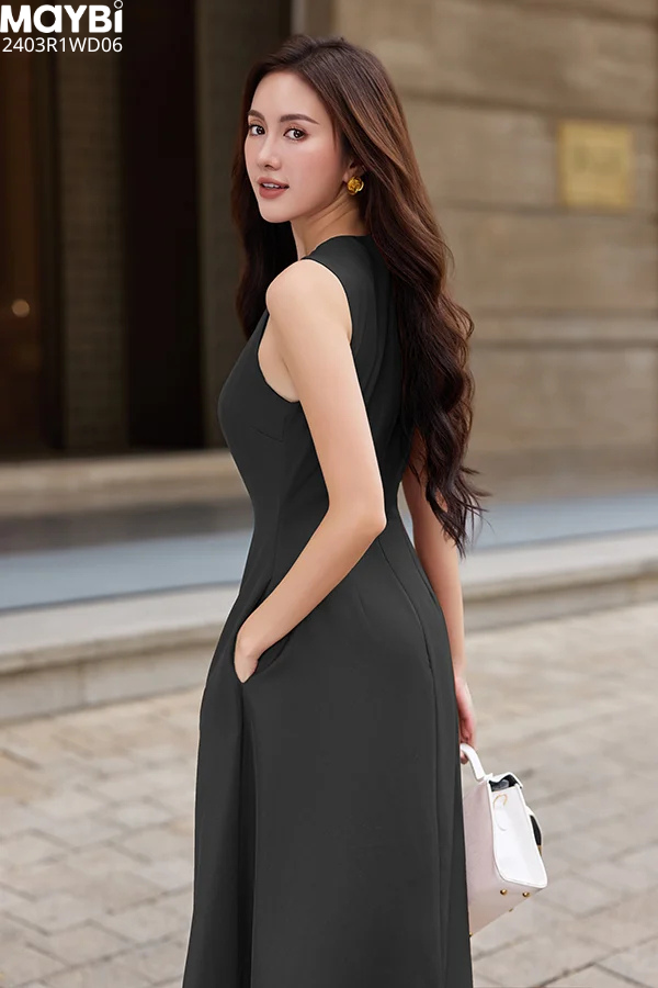Đầm midi dáng xòe cotton lạnh xếp ly vai