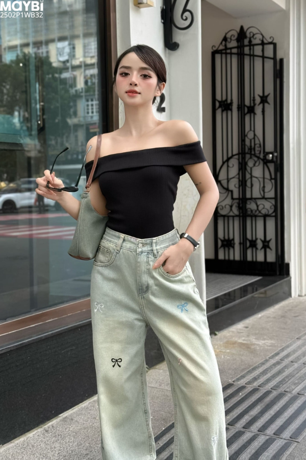 Quần jean ống suông phối nơ trang trí