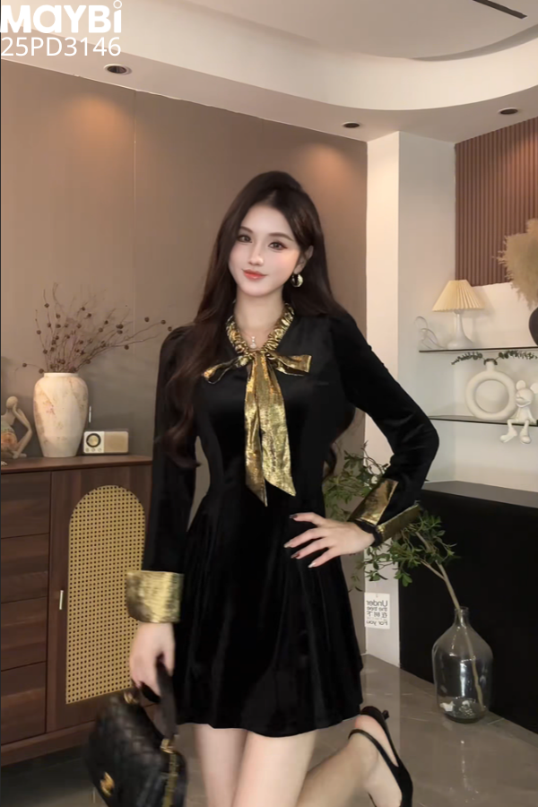 Đầm xòe dài tay cổ thắt nơ dáng mini