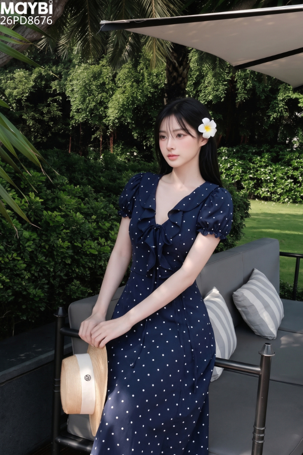 Đầm cổ V tay bo dáng xòe dài