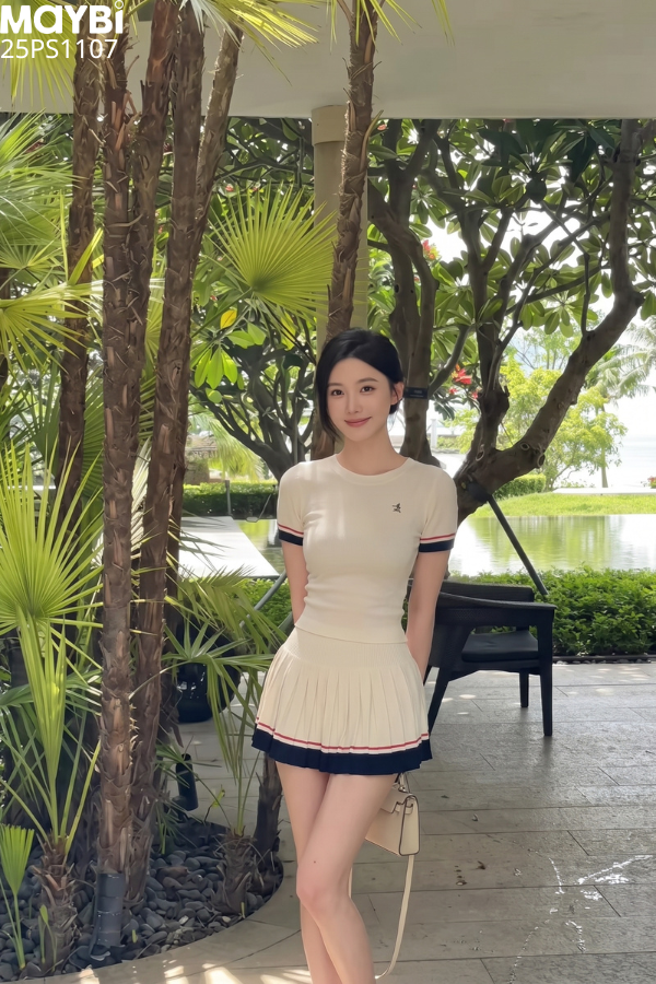 Set áo thun chân váy xếp ly phối viền