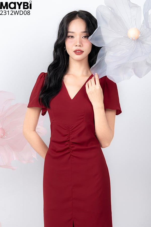 Đầm midi ôm voan cát phối nhún trang trí