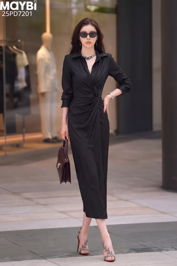 Đầm sơ mi dài tay dáng midi