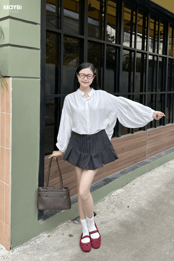 Set Áo sơ mi kiểu tay phồng chân váy xếp ly