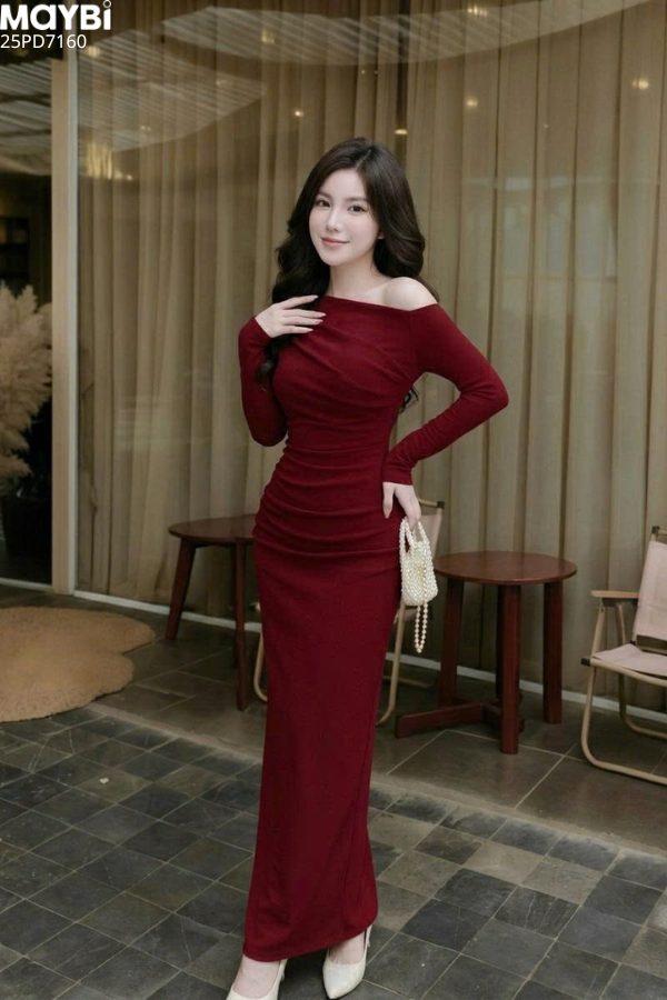 Đầm thun ôm dài tay lệch vai dáng dài