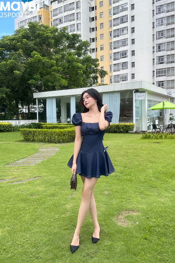 Đầm jean xòe nhún ngực dáng mini