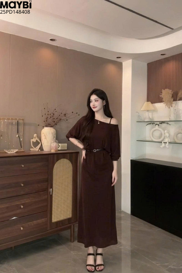 Đầm thun hai dây midi kèm áo