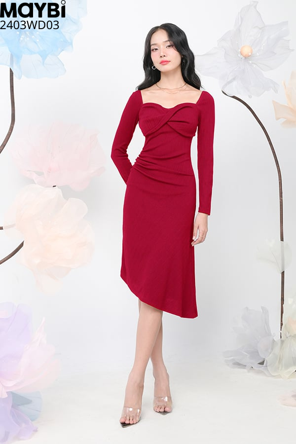 Đầm midi ôm thun sọc xoắn nơ ngực