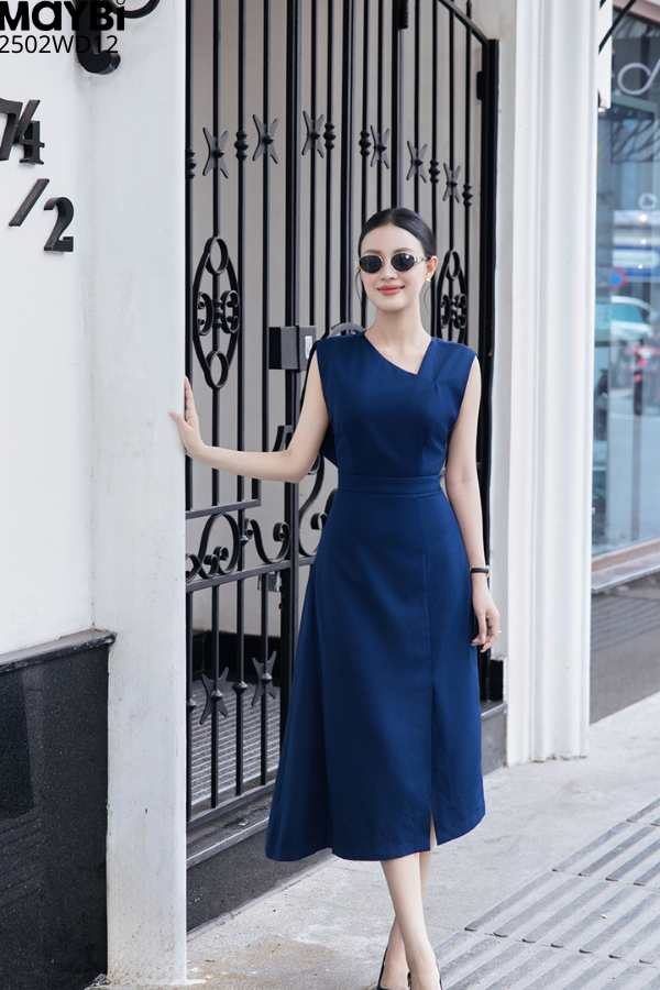 Đầm midi ôm cotton lạnh cổ xéo không tay
