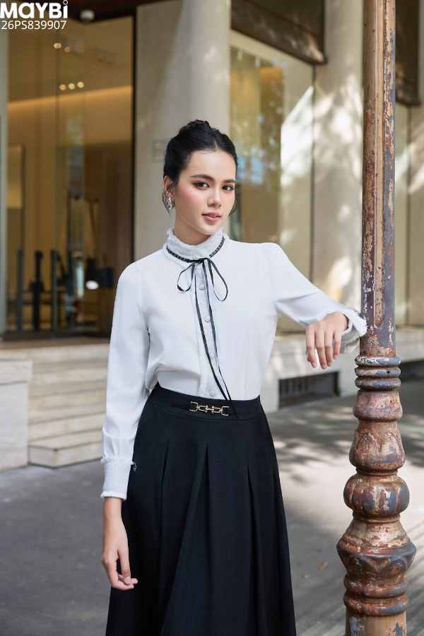 Set áo sơ mi phối bố và chân váy dài xếp ly Éloise Set