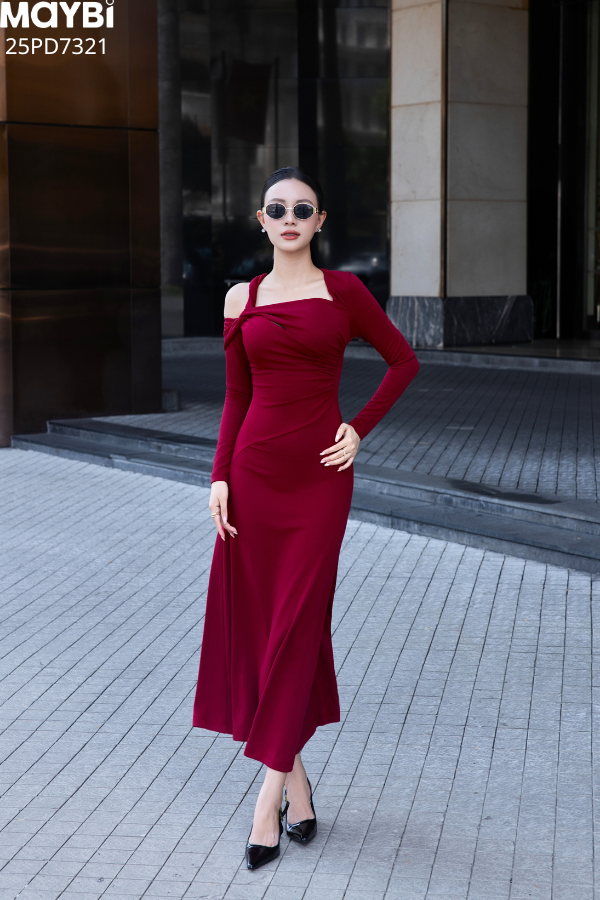 Đầm xoè vai xoắn kiểu dài tay dáng midi