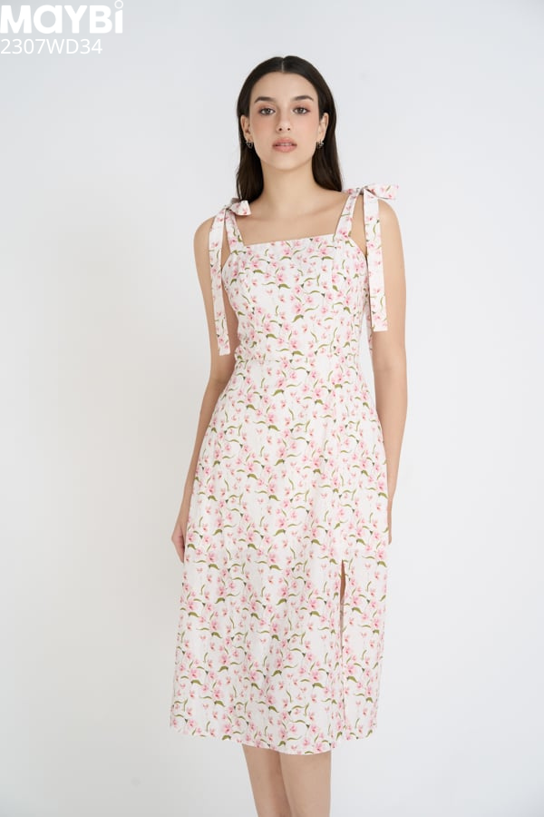 Đầm midi suông lụa cotton in hoa xẻ tà
