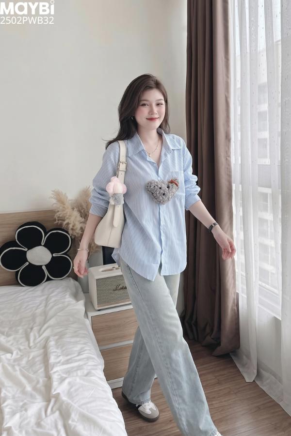 Quần jean ống suông phối nơ trang trí