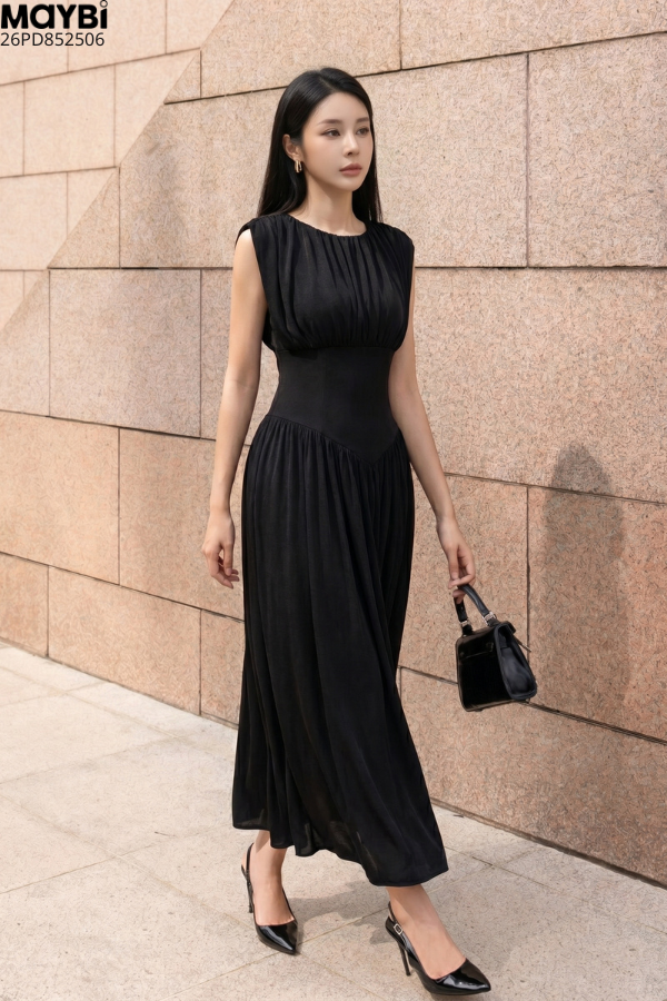 Đầm thun maxi đen nhún tùng xòe