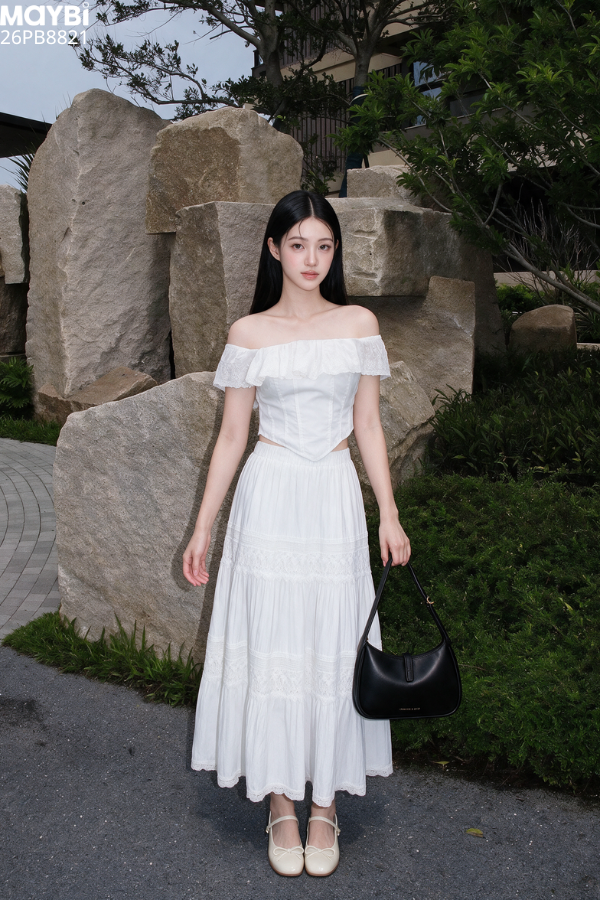 Chân Váy Dáng Dài Cotton Phối Ren Elara